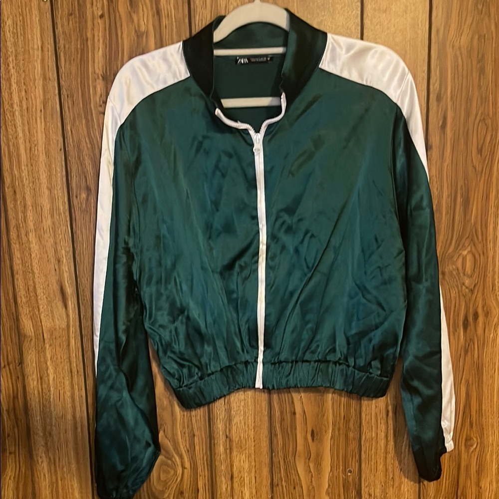 Zara Green and White Bomber Jacket